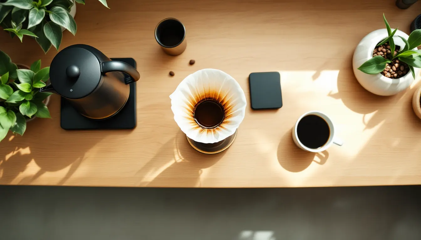 A pour over coffee setup with a kettle, scale and fresh beans on a kitchen counter